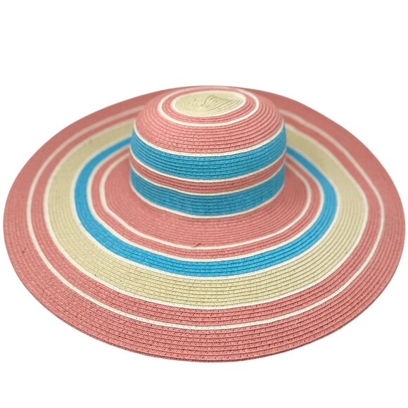 Striped Wide Brim Sun Beach Hat UPF50+ Protection Blue / Yellow /Pink Stripes - Picture 5 of 11